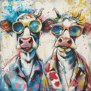 whimsical  two cows  with crazy hair hilarious  expressions on t...