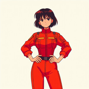1990s anime screencap, girl a red plugsuit, standing with hands...