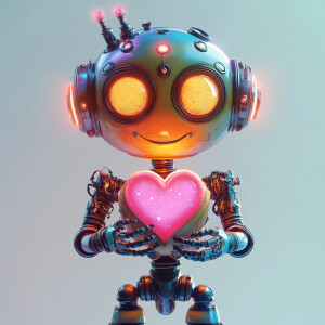 A whimsical robot with a bright, glowing heart held in its hands...