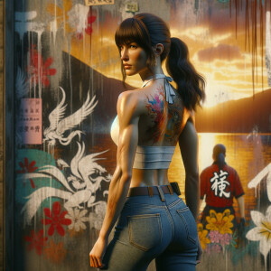 Athletic Thin skinny Attractive, Asian teenage girl, long brown hair and bangs, wearing tight skinny jeans and a halter top paint marks on her clothing, heroic pose Asian graffiti background, backside view