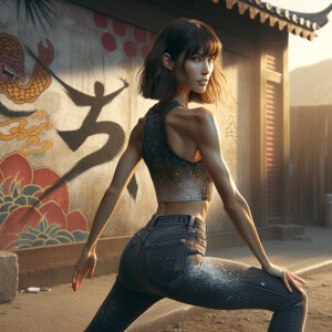 Athletic Thin skinny Attractive, Asian teenage girl, long brown hair and bangs, wearing tight skinny jeans and a halter top paint marks on her clothing, heroic pose Asian graffiti background, backside view