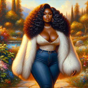 Craft a 4K glossy oil painting portraying a regal, plus-size Afr...