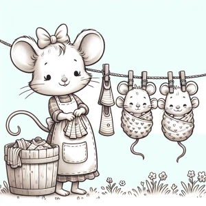 A picture of a cute mother mouse with big eyes, wearing an apron and a bow on top of her head, she is  hanging laundry on the clothing line wich has 2 mouse babies hanging from the line wrapped in a blanket and held by clothing pins on the line. The laundry line has a baby shirts