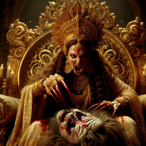 portrait of angry looking goddess durga sitting on a gold crown...