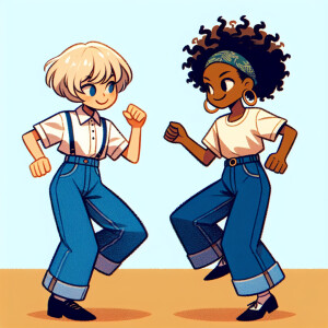 Create a scene where two anime girls in jeans dancing