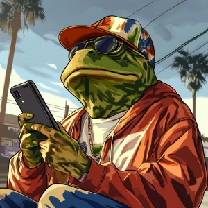 PEPE meme.on his cell phone, 80's clothing, in GTA San Andreas a...