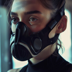 A breathing mask covering mouth and nose suppose to track data a...