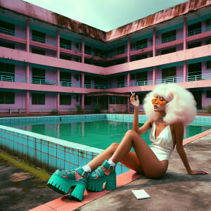 Create a 1990s-style image showcasing an abandoned pink retro ho...