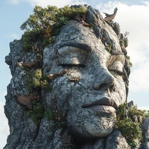 Generate an 8K UHD 3D image of a human face integrated into a Rocky Mountain landscape, with local wildlife and plants intricately forming the features of the face, ensuring a seamless and photorealistic result that merges human and nature elements cohesively.