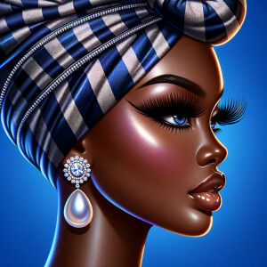 Create an airbrushed digital portrait of an animated
African-American woman in profile against a solid cobalt
blue backdrop. Her radiant skin, strikingly long eyelashes, a
pronounced nose, and voluminous natural glossy lips are
showcased. She wears a headwrap adorned with intricate
diamond patterns. Large, elegant pearl drop earrings
complete her appearance, showcasing the entire headshot
details with a focus on sophistication and grace. The digital
art should highlight her striking features against the vibrant
background, creating a visually stunning piece.