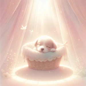 A sleeping puppy nestled in a basket under a soft, pale sunbeam filtering through a window.