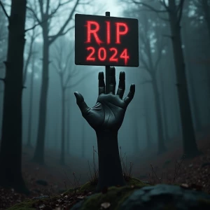 Mysterious hand raising from the grave its dragging a sign sayin...