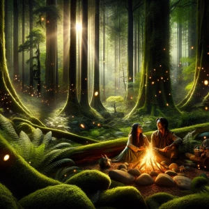 Two lovers seated by a glowing campfire in the heart of the fore...