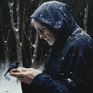 portrait side view of Grim Reaper wearing a blue velvet  hooded...