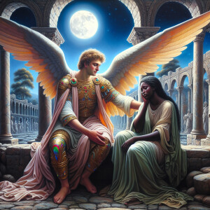 Create an oil painting image featuring a male angel and a grievi...
