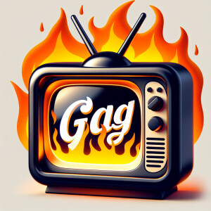 Tube TV with the word “GAG” on the screen on fire cartoon logo