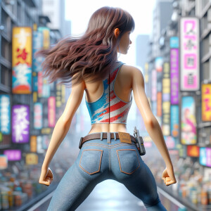 Athletic Thin skinny Attractive, Asian teenage girl, long brown hair and bangs, wearing tight skinny jeans and a halter top paint marks on her clothing, heroic pose Asian graffiti background, backside view