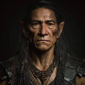 55 year old Native American man with pointy elf ears that is 6’0...
