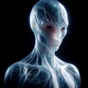 translucent humanoid figure, glass skin, ethereal body, light re...