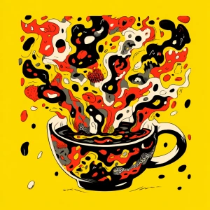 hand-drawn coffee cup overflowing with chaotic swirling steam tr...