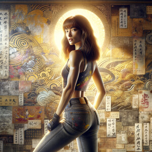 Athletic Thin skinny Attractive, Asian teenage girl, long brown hair and bangs, wearing tight skinny jeans and a halter top paint marks on her clothing, heroic pose Asian graffiti background, backside view