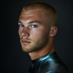 Create a dramatic portrait of a man now aged 24, image of a bald...