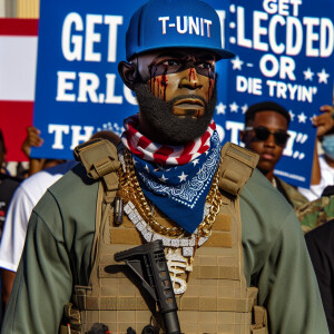 Donald Trump at a presidential rally wearing a tactical bulletpr...