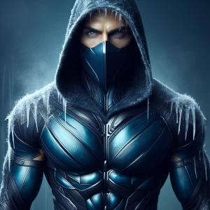 hyper-realistic portrait of Sub-Zero, capturing his chilling gaz...