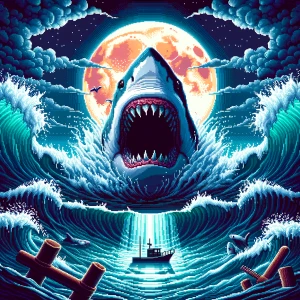 A massive great white shark breaches through dark, stormy waters...