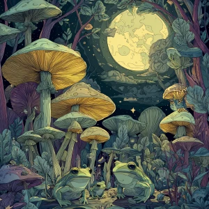 Detailed nighttime forest scene: a circle of mushrooms glowing u...