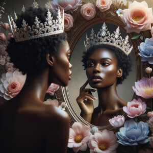 An African-American woman stands before a mirror, her gaze introspective and curious. As she peers into the reflective glass, a majestic transformation unfolds within its frame. Her reflection reveals not just her everyday visage, but that of a regal queen adorned with an elegant crown, symbolizing strength, wisdom, and grace. The crown is intricately designed, shimmering with the promise of untold stories and heritage. Around her, the background blossoms into a serene tableau of pastel flowers, each petal a whisper of beauty, resilience, and growth. These gentle hues of pinks, blues, and yellows create a soft, dreamlike atmosphere, enveloping the queen in a world where her royal essence is acknowledged and celebrated. This image captures the moment of self-realization and empowerment, a visual metaphor for the inner royalty that resides within, waiting to be acknowledged in the mirror of her soul.