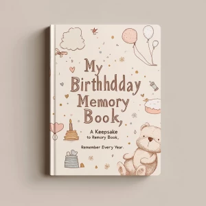 A 6x9 inch book cover with a soft, warm cream-colored background with a subtle paper-like texture. The main title, "My Birthday Memory Book," is centered in large, handwritten-style font in deep brown. Below it, in smaller serif font and in muted gold, is the subtitle: "A Keepsake to Remember Every Year." Surrounding the title are hand-drawn doodles in warm pastel tones (soft pink, muted blue, gentle yellow): a small baby rattle in the top left, a teddy bear sitting at the bottom left, a tiny birthday cake with a candle in the bottom right, and a floating balloon in the top right. Dotted lines in light brown gently connect these elements, creating a trail-like pattern. The cover is minimalist, with soft shadows to add depth but no harsh contrasts.