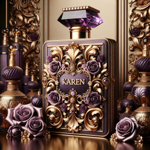 Craft an image of an ornate perfume bottle, with a luxurious design featuring purple roses and intricate gold detailing. At the center of the bottle, include an elegant, raised gold script that spells out the name 'Karen'. The bottle should exude opulence with a jeweled crown-like cap and a background that suggests sumptuousness and sophistication. The script should be harmonious with the lavish design, standing out against the purple and gold palette.