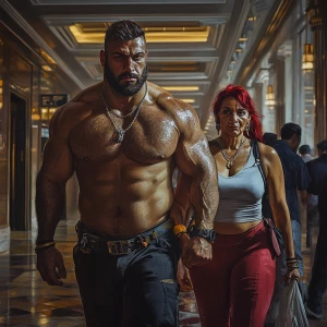 realism art style.A muscular beefy sweaty man, walking with his...