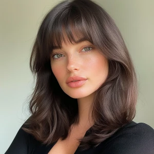 a woman, look to the camera, close up photo, curtain bangs, Soft...