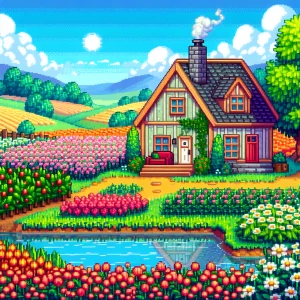 A cozy farmhouse with a stone chimney, surrounded by fields of blooming flowers and a small pond nearby