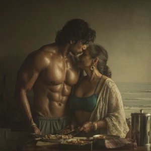 Realism photo painting.a muscular sweaty indian man standing b...