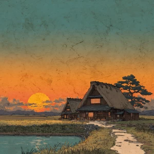 Japanese countryside during sunset Hokusai style