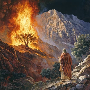 Illustrate the biblical scene where Moses encounters the burning...