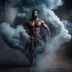 Create an image of a gray, muscular male genie with a bodybuilde...