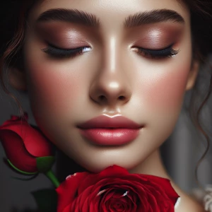 The image is a close-up portrait of a young woman's face. She ha...