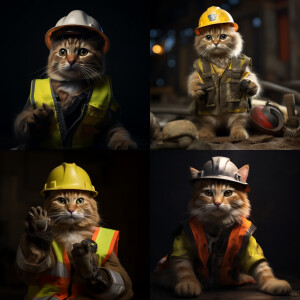A cat wearing a safety vest, wearing a hard hat, wearing gloves...
