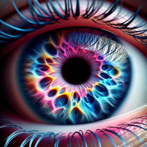 multicolored eyes, prominently featuring shades of blue, pink, a...