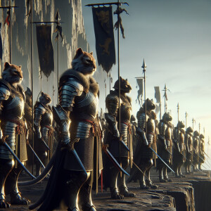 Create a realistic picture of a legion of humanoid cats as warri...
