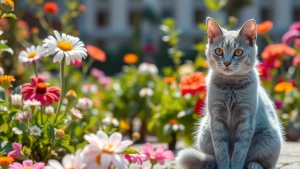 A blue-colored cat sitting calmly in a sunlit garden, surrounded...