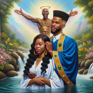 An oil painting depicting a light-skinned African-American pasto...