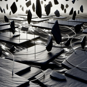 Flat Black thin slate stones floating  connected through stainle...