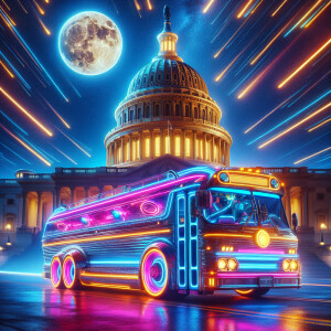 Neon-glow Batman tour bus with startrail and motion blur effects...