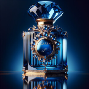 A digital illustration of a luxurious perfume bottle with a tall, faceted cap designed to mimic a deep blue gemstone, giving a sapphire-like appearance. The bottle, displaying a vivid blue color with light refraction effects, suggests the high clarity of glass. It rests on a reflective surface, hinting at the elegance of the product. A golden crown, ornately decorated with sparkling diamonds and inset with sapphire-blue gemstones, encircles the bottle's neck, adding to its opulence. The name 'KAREN' is featured in a prominent, sophisticated script on the front of the bottle, standing out against the deep blue background. The overall image conveys a sense of luxury and high fashion.