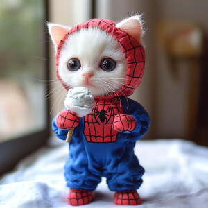 white kitten wearing spiderman suit holding ice cream